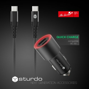 Autonabíjačka Sturdo Quick Charge 3.0 1xUSB/1xUSB-C 2.4A + Kábel USB-C 1m Čierna