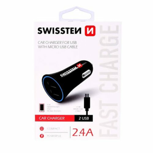 Autonabíjačka Swissten 2xUSB 2.4A + Kábel USB-C 1.2m Čierna