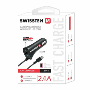 Autonabíjačka Swissten CL 2.4A s MicroUSB káblom Čierna