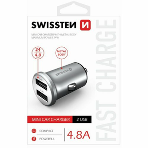 Autonabíjačka Swissten Metal Mini 2xUSB 4,8A Strieborná