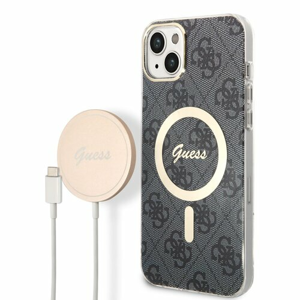 Puzdro Guess 4G MagSafe + Bezdrôtová nabíjačka pre iPhone 14 Plus - čierne