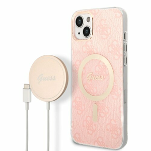 Puzdro Guess 4G MagSafe + Bezdrôtová nabíjačka pre iPhone 14 Plus - ružové