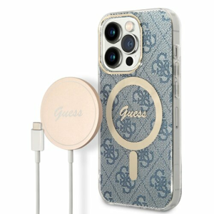 Puzdro Guess 4G MagSafe + Bezdrôtová nabíjačka pre iPhone 14 Pro - modré