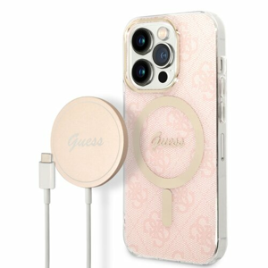 Puzdro Guess 4G MagSafe + Bezdrôtová nabíjačka pre iPhone 14 Pro - ružové