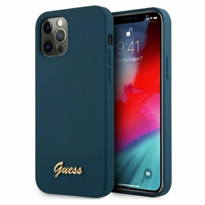Guess case for iPhone 12 Pro Max 6,7" GUHCP12LLSLMGBL blue hard case Silicone Script Gold Logo