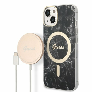 Puzdro Guess Marble MagSafe + Bezdrôtová nabíjačka pre iPhone 14 - čierne