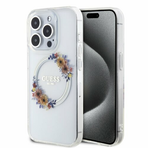 Guess PC/TPU Flowers Ring Glossy Logo MagSafe Zadní Kryt pro iPhone 15 Pro Transparent