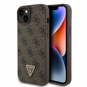 Guess PU 4G Strass Triangle Metal Logo Zadní Kryt pro iPhone 15 Plus Brown