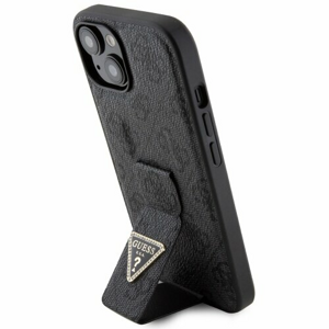 Guess PU Grip Stand 4G Strass Triangle Metal Logo Zadní Kryt pro iPhone 15 Black