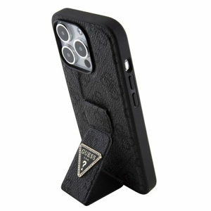 Guess PU Grip Stand 4G Strass Triangle Metal Logo Zadní Kryt pro iPhone 15 Pro Black