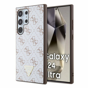 Guess PU Leather 4G Triangle Metal Logo Zadní Kryt pro Samsung Galaxy S24 Ultra White