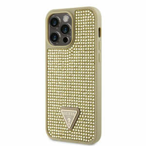 Guess Rhinestones Triangle Metal Logo Kryt pro iPhone 14 Pro Max Gold