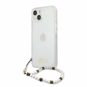 Puzdro Guess GUHCP13MKPSWH PC Script and White Pearls iPhone 13 - transparentné