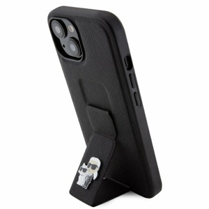 Karl Lagerfeld Saffiano Grip Stand Metal Logo Zadní Kryt pro iPhone 15 Black