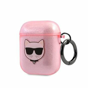 KLA2UCHGP Karl Lagerfeld TPU Glitter Choupette Head Pouzdro pro Airpods 1/2 Pink