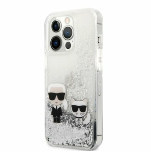 KLHCP13XGKCS Karl Lagerfeld Liquid Glitter Karl and Choupette Kryt pro iPhone 13 Pro Max Silver