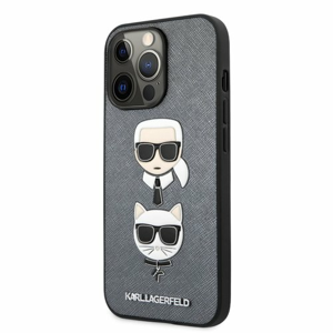 KLHCP13XSAKICKCSL Karl Lagerfeld PU Saffiano Karl and Choupette Heads Kryt pro iPhone 13 Pro Max Silver