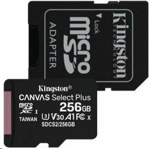 MicroSDXC karta KINGSTON 256GB Canvas Select Plus Class 10 (r/w 100MB/s / 85MB/s) + adaptér