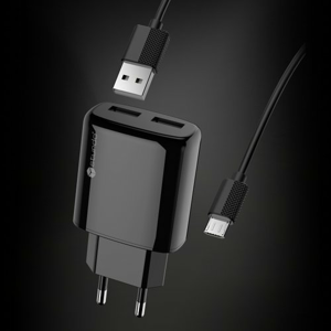 Nabíjačka Sturdo 2xUSB 10W + Kábel MicroUSB 1m Čierna