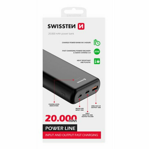 Swissten Power Line Powerbank 20000 mAh 20W PD Čierna