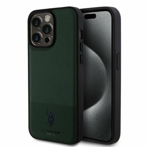 U.S. Polo PU Leather Mesh Pattern Double Horse Zadní Kryt pro iPhone 15 Pro Max Green